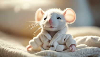 A white mouse is sitting on a bed with a white blanket