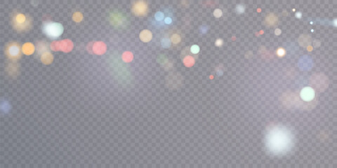 Poster - Sparkling glare light effects with colorful shimmer. Beautiful lens flare effect with bokeh, glittery particles and rays. Shining abstract background. Vector illustration	
