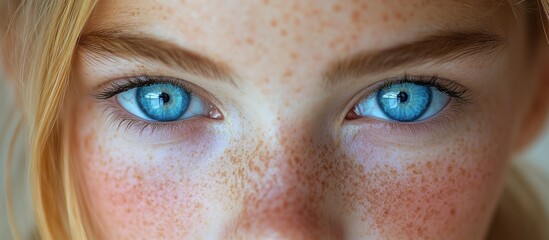 Sticker - Close-up portrait of a young woman with blue eyes and freckles.