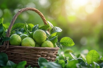 Bergamot leaves and fruits in a wicker basket against a background of nature, soft morning light. Copy space. Concept: Eco-friendly, Seasonality and naturalness, harvesting