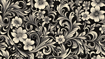 An intricate floral pattern with swirling leaves and blossoms.