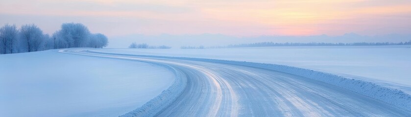 Canvas Print - Curved snowy road under a pastel sky, serene winter landscape, tranquil mood.