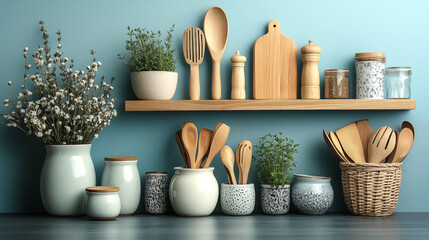 Kitchen utensils on wooden shelves. 3d rendering.