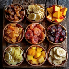 Canvas Print - A dried fruits. Fruits such as mango, pineapple, banana, papaya, and apple should be arranged in small ceramic bowls or directly on a rustic wooden board.