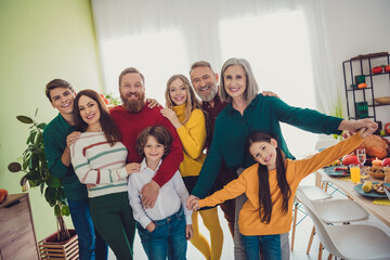 Poster - Photo of friendly sweet family eating holiday dinner smiling hugging have fun indoors house room