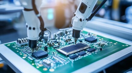 Poster - robotic arms assembling an electronic circuit board in a modern manufacturing facility during daytim