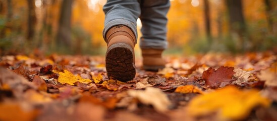 Poster - Close-up of a person's foot in brown boots walking on crunchy autumn leaves.