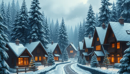 Wall Mural - A snowy road with houses on either side