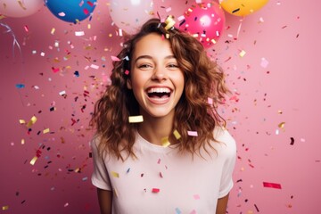 happy woman with festive confetti & balloons
