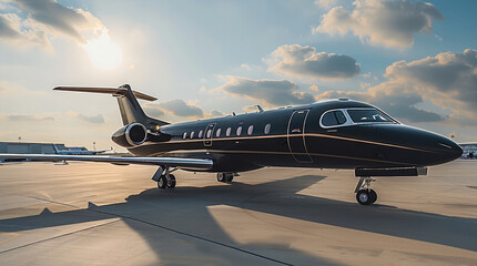 Poster - A black private jet is standing in the sunny airport.