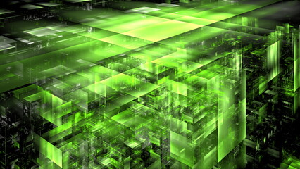 Fototapete - Intricate layers of green geometric shapes form a compelling digital landscape, evoking a sense of depth and motion in an abstract urban environment. 3d render