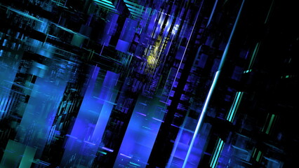 Fototapete - Complex geometric shapes and bright hues of blue and purple create a captivating abstract digital artwork with layers and reflections that evoke a sense of depth and movement. 3d render