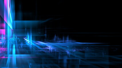 Fototapete - Digital landscape featuring glowing blue and pink lines, creating a sense of movement and depth in a vibrant, abstract space against a dark background. 3d render
