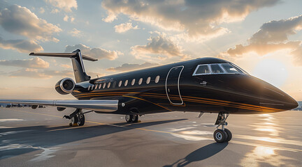Poster - A black private jet is standing in the sunny airport.
