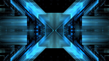 Fototapete - Vibrant blue geometric design with intersecting lines and shapes, creating a sense of depth and motion in a futuristic aesthetic Digital data. 3d render