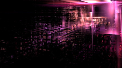 Fototapete - Vibrant digital landscape features intricate geometric shapes illuminated by purple and pink light. 3d render