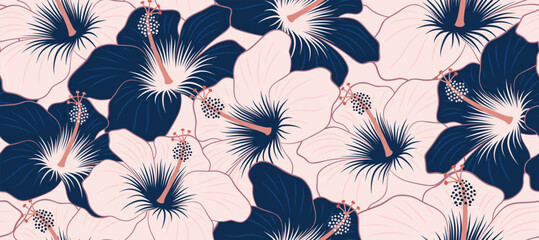 Wall Mural - Abstract hibiscus flower Hawaiian tropical seamless pattern. nature floral abstract back ground.