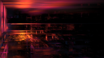 Fototapete - Bright colors merge and flow in an abstract design, evoking energy and movement against a dark backdrop reminiscent of a bustling city at night. 3d render