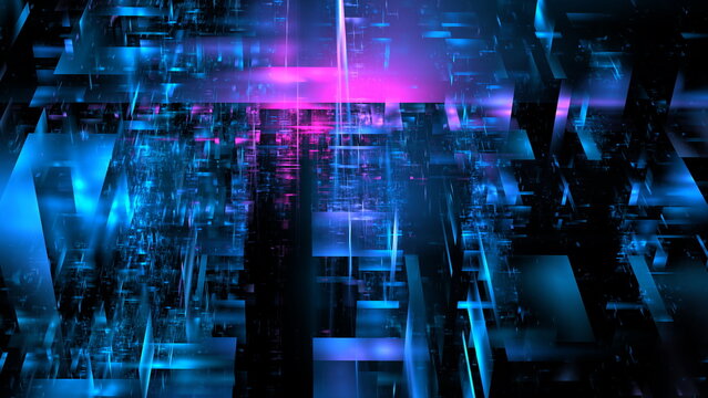 Digital data Striking blue and purple geometric patterns intertwining in a dynamic composition, creating a captivating depth and movement that draws viewers in. 3d render