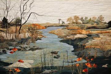 Poster - A pond landscape outdoors painting.