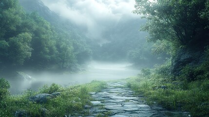 Poster - Misty Forest Path Leading to a River - Tranquil Landscape Photography