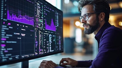 Poster - Data analyst working late at night in a modern office with screens displaying colorful charts