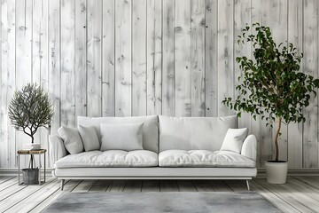 Stylish living room interior with cozy sofa, plants and white wooden wall background