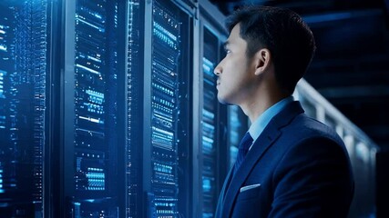 Poster - A professional in a suit examines server racks in a high-tech data center during the late evening hours