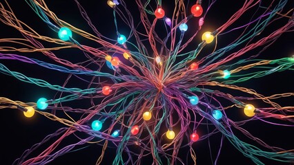 Wall Mural - Psychedelic christmas lights exploding in a chaotic web of wires