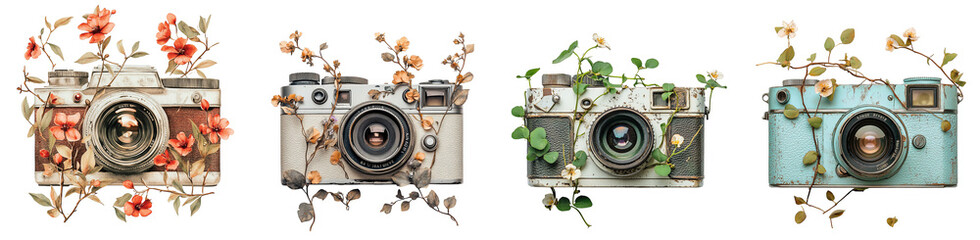 Wall Mural - vintage cameras adorned with flowers botanical photography transparent background