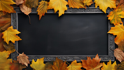 Wall Mural - background frame school chalkboard black framed with yellow autumn leaves.