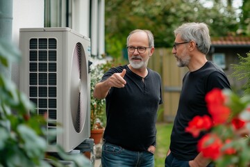 two men discussing installation of an outdoor heat pump unit, energy-efficient heating solution for 