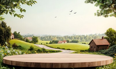 Wall Mural -  Empty podium against a green farm background for product presentation. Mockup platform with a village house and a road,