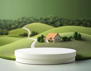 Wall Mural -  Empty podium against a green farm background for product presentation. Mockup platform with a village house and a road,