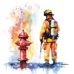 Watercolor Illustration of a Firefighter and a Fire Hydrant