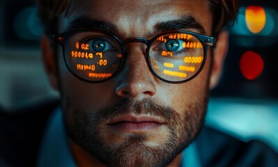 Portrait of man wearing eyeglasses with reflection computer coding,  Close-up portrait of man checking code, 