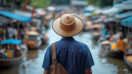 Man in a Straw Hat Observing a Bustling Floating Market