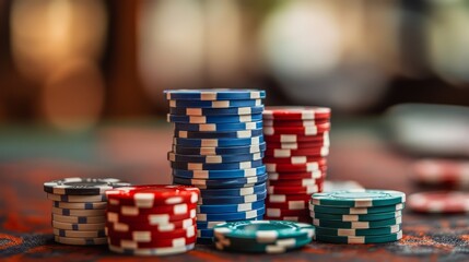 Stacks of Colorful Casino Poker Chips on Gambling Table