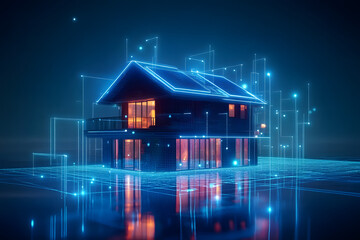 Poster - House with futuristic network connection technology big data. Blue neon background.