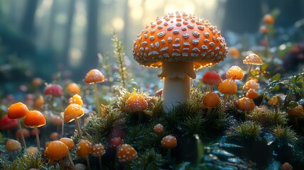 Canvas Print - Enchanted Forest: A Cluster of Red and White Mushrooms