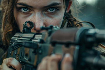 Leinwandbilder - Generated with AI photo of brave beautiful woman soldier fighting war