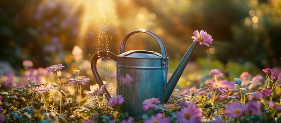 Poster - A vintage watering can sits in a field of pink flowers with sunlight pouring through the scene.