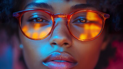 Wall Mural - Close-up Portrait of a Woman Wearing Glasses with Colorful Reflections