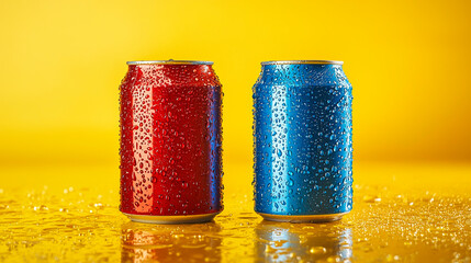 Blank aluminum Red and Blue soda cans on yellow background