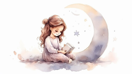 Wall Mural - A little girl sits on a crescent moon watercolor drawing for children isolated on a white background, good night kids