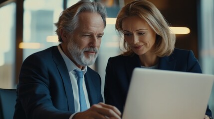 Poster - A man and a woman are looking at a laptop together