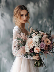 Poster - A bride holding a luxurious bouquet of flowers. Winter theme, wedding concept.