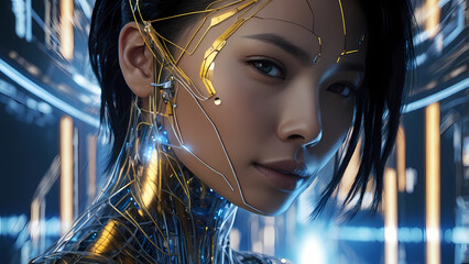 High-tech Asian female cyborg with glowing details, sleek mechanical components, and futuristic AI design, representing technology and innovation.