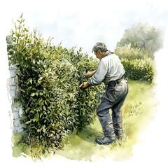 Wall Mural - Watercolor Illustration of a Man Trimming a Hedge.