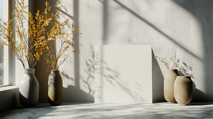 Wall Mural - Minimalist Sunlit Room with Vases and Yellow Foliage in Neutral Tones